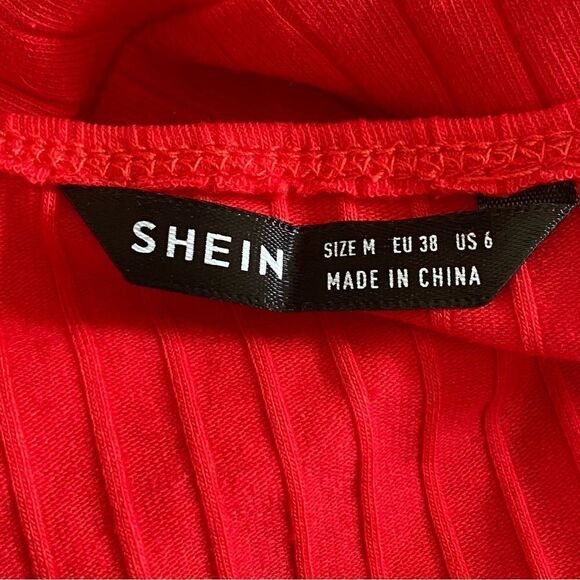 SHEIN Crop Top Red Ribbed Stretch Front Tie Festival Party - Picture 4 of 9